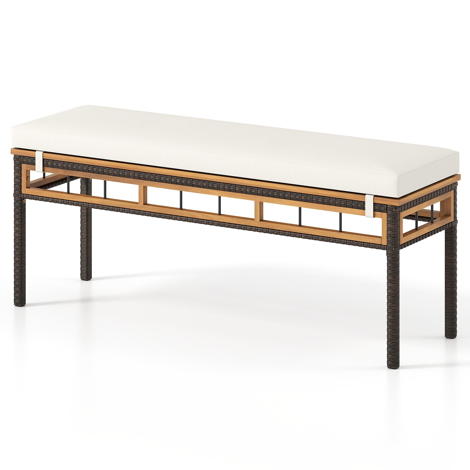 Tangkula Outdoor Wicker Bench with Removable Padded Cushion